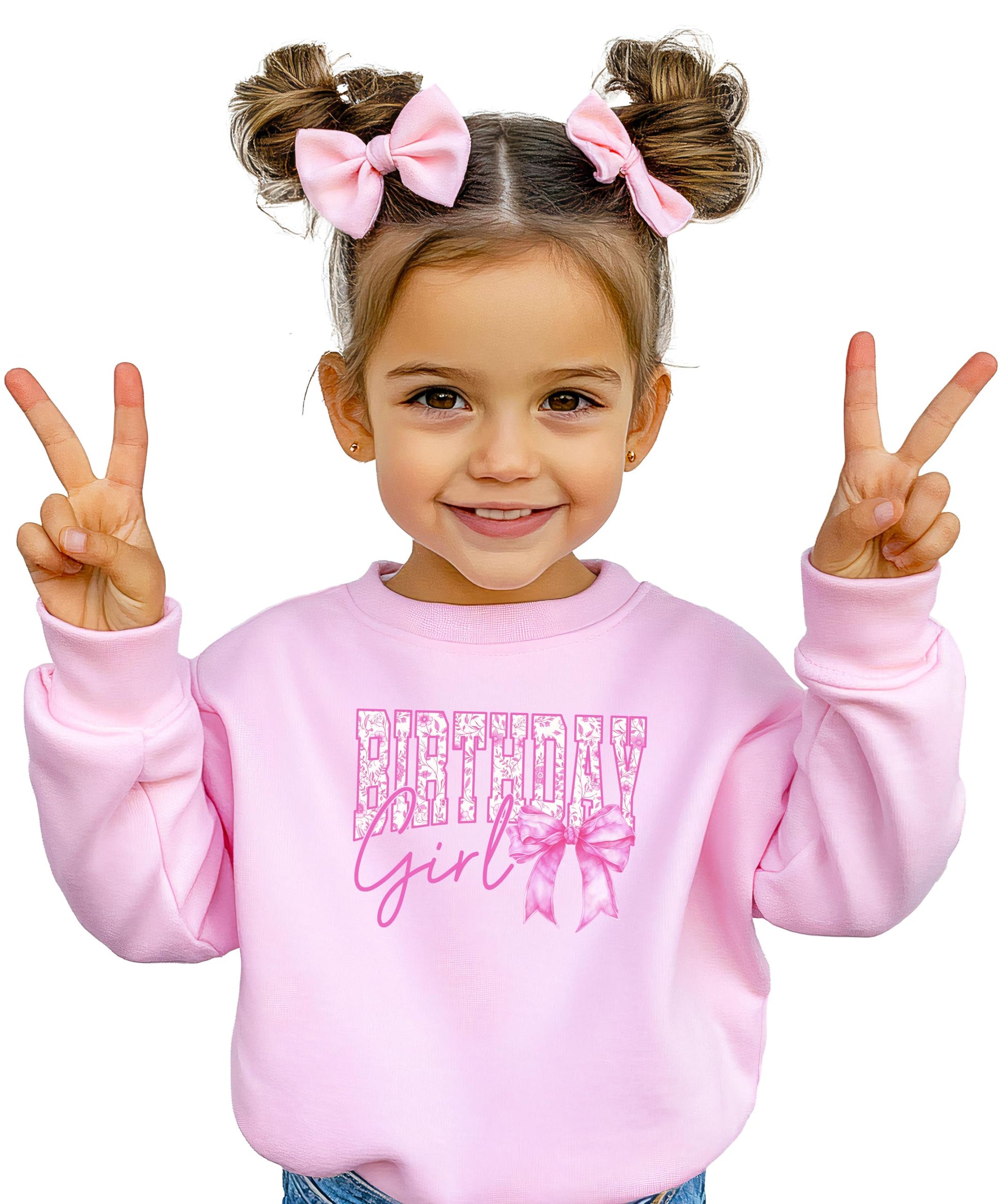 White pullover sweatshirt with bold pink Birthday Girl text and pink bow graphic for women and girls