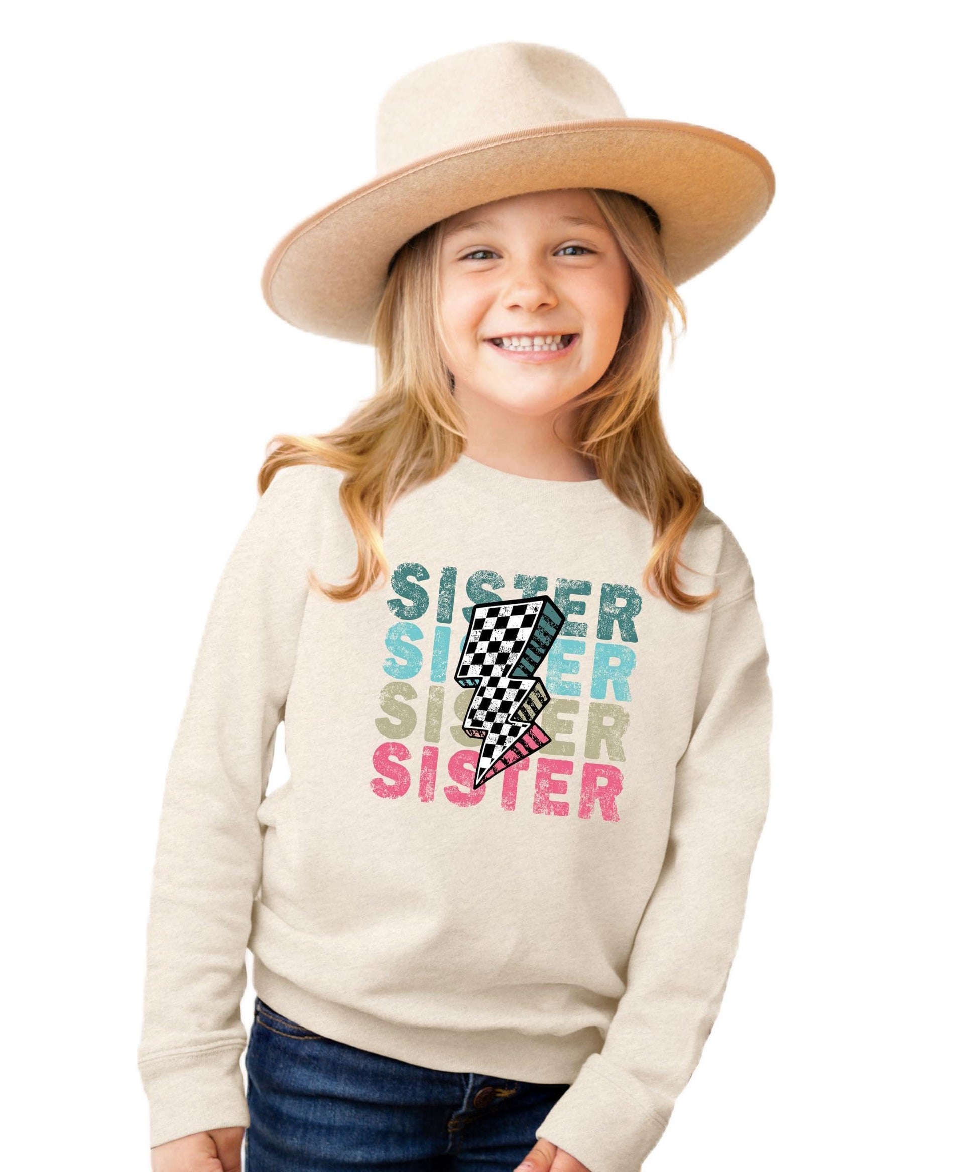 Side view of pink girls pullover sweatshirt with bold graphic print by Olive Loves Apple