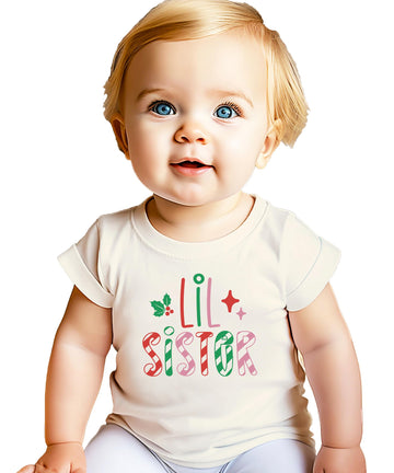 Lil Sister Candy Cane Stripes Shirt or Baby Bodysuit for Girls Little Sibling Christmas Graphic Tee