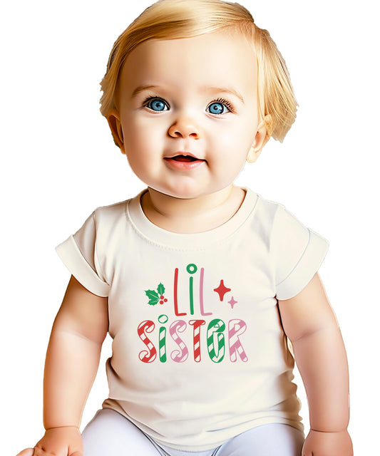 Lil Sister Candy Cane Stripes Shirt or Baby Bodysuit for Girls Little Sibling Christmas Graphic Tee