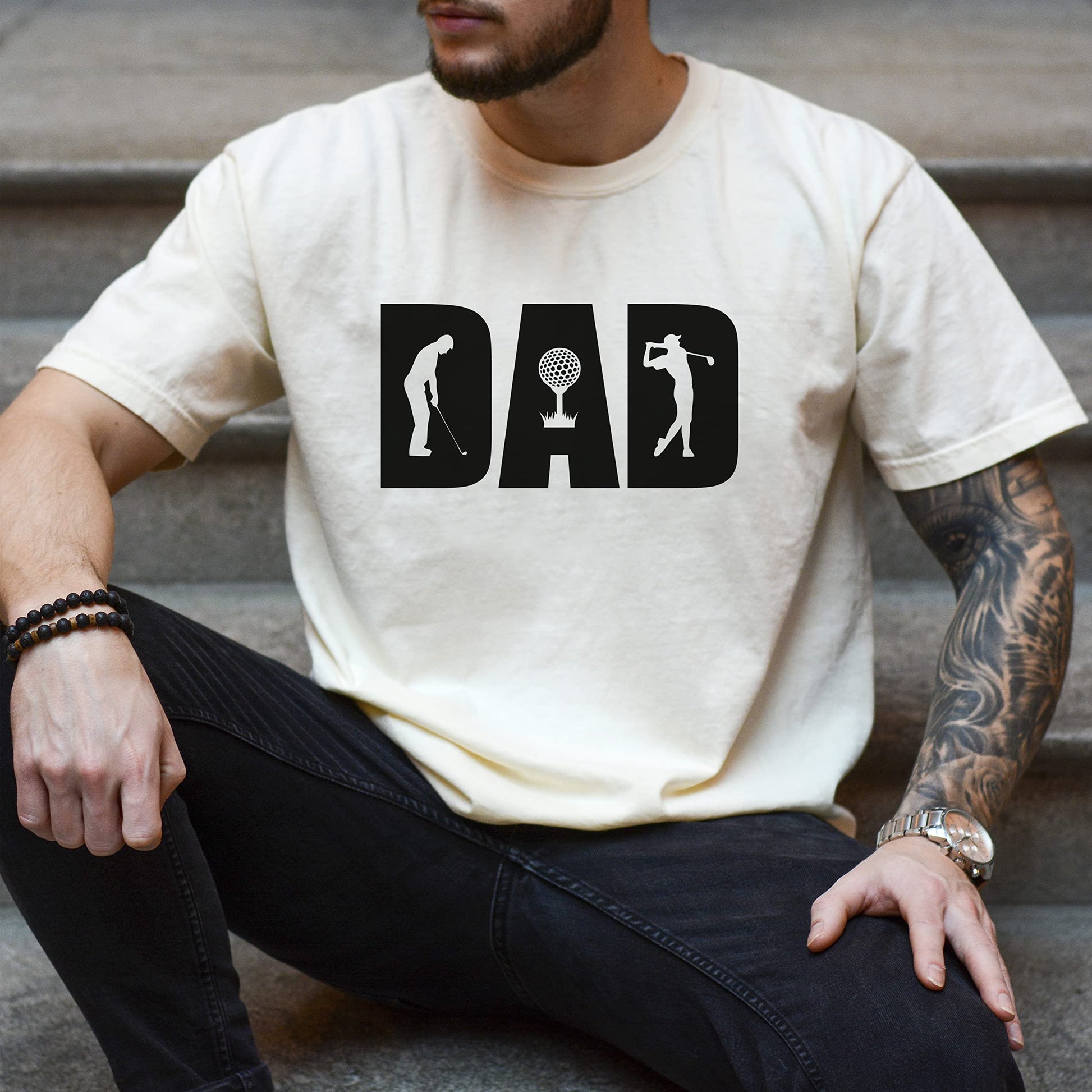 Red dad golfer graphic tee laid flat showing full front design detail