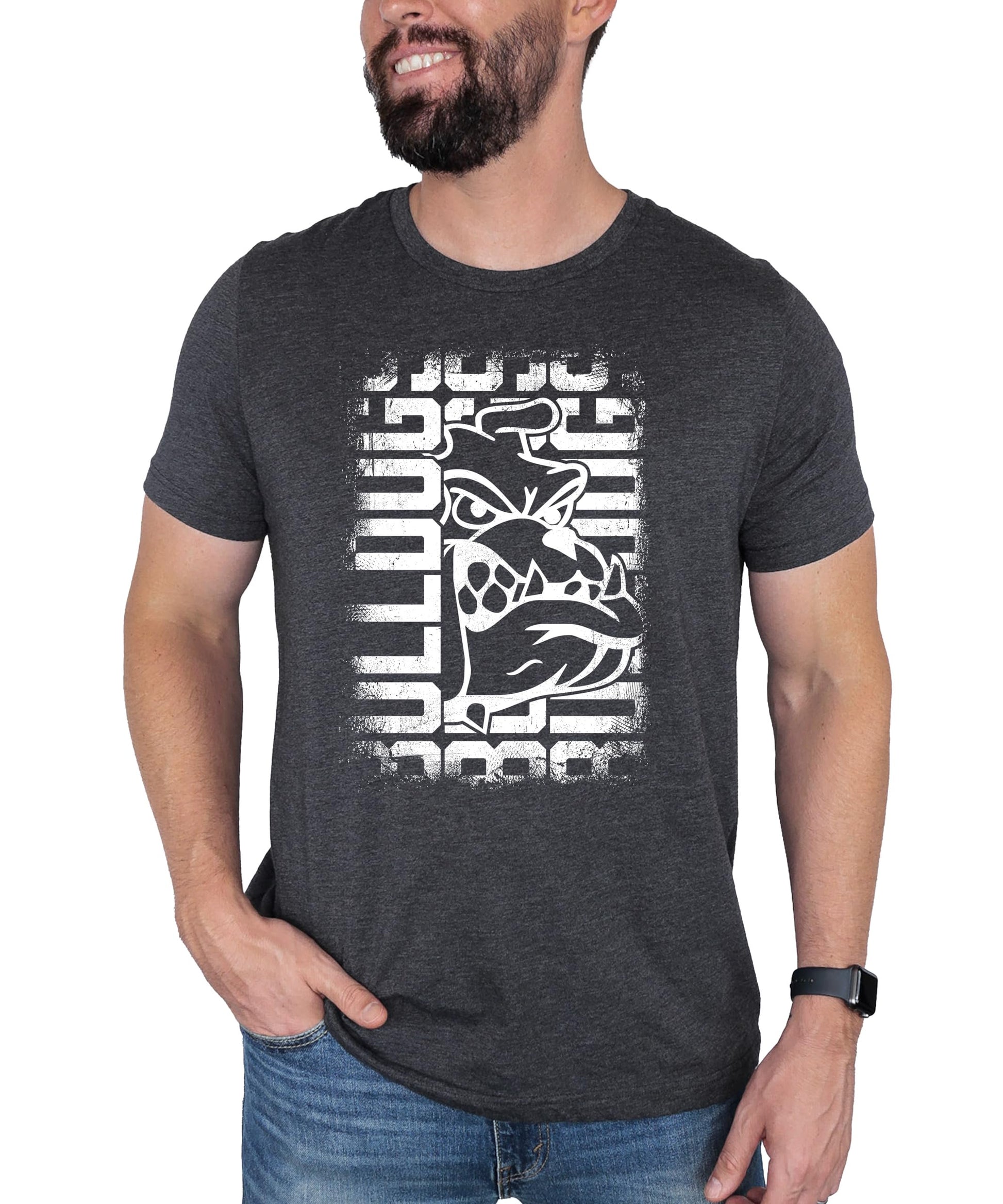 Front view of Bulldogs graphic shirt showing bold team mascot print in red