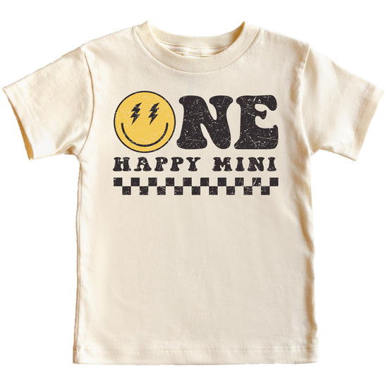 Close-up of One Happy Mom groovy 1st birthday graphic print on natural shirt