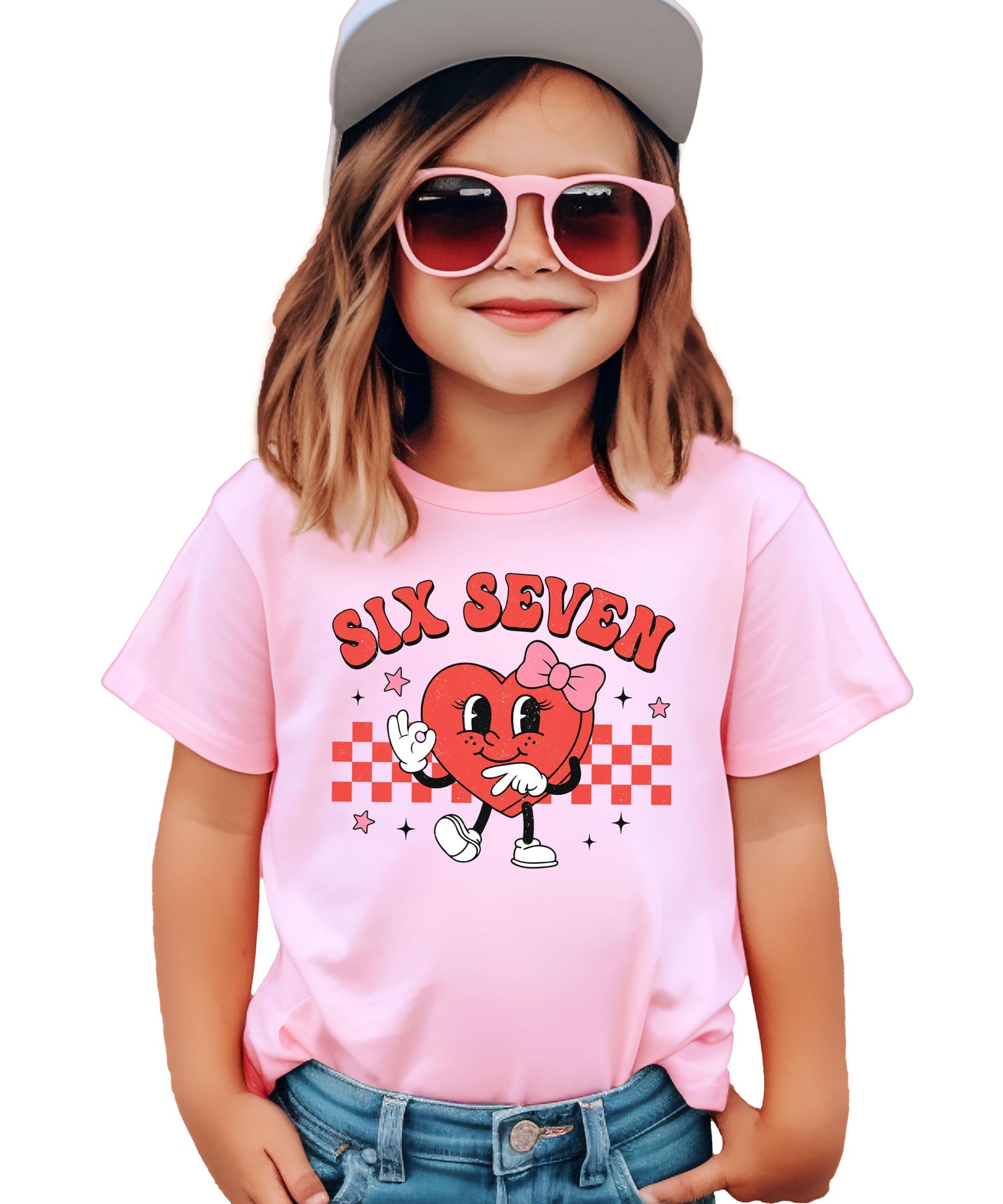 Close-up of bold checkered heart graphic on kids Valentine's Day tee
