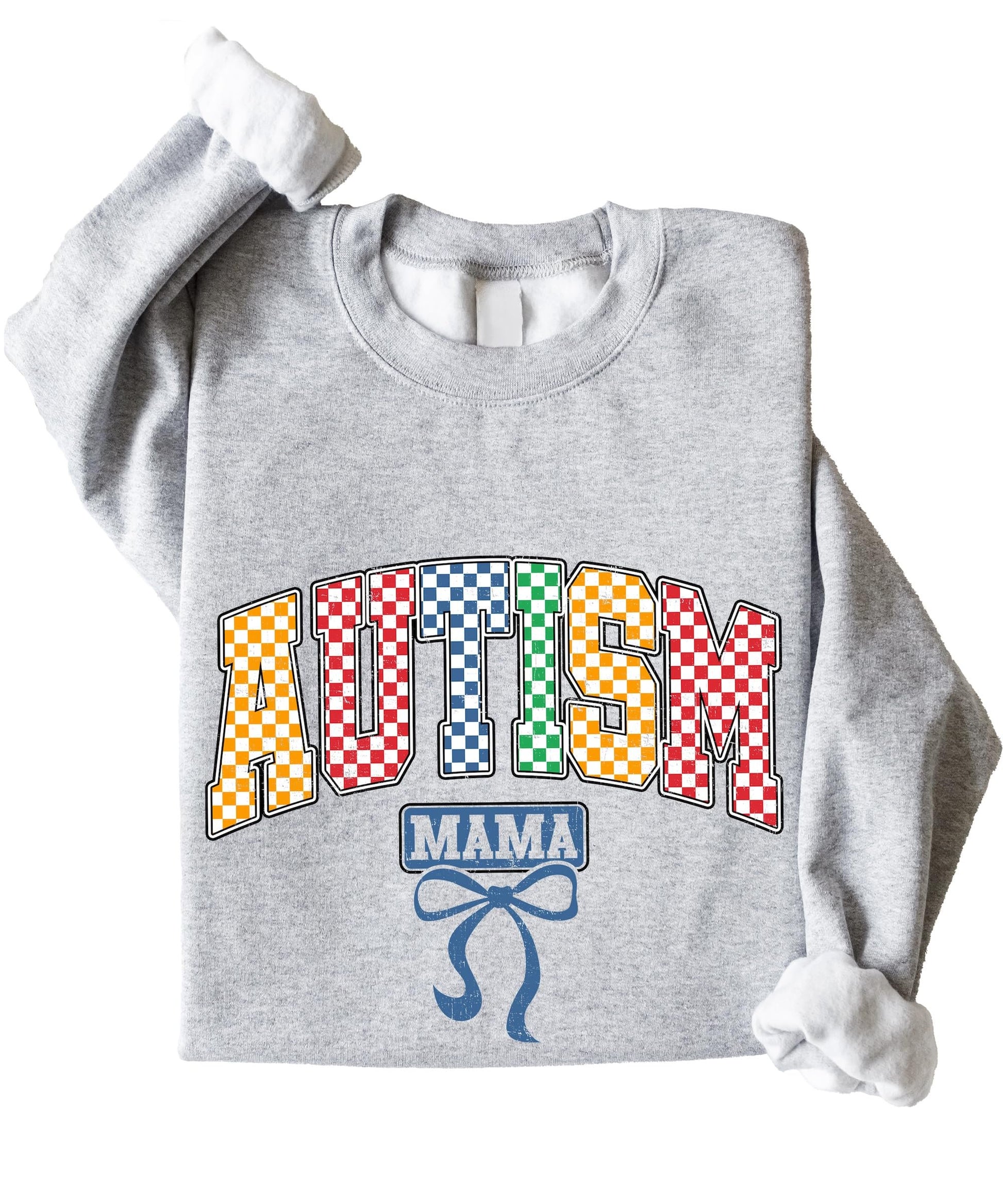 Model wearing colorful checkered Autism Mama sweatshirt, casual lifestyle shot