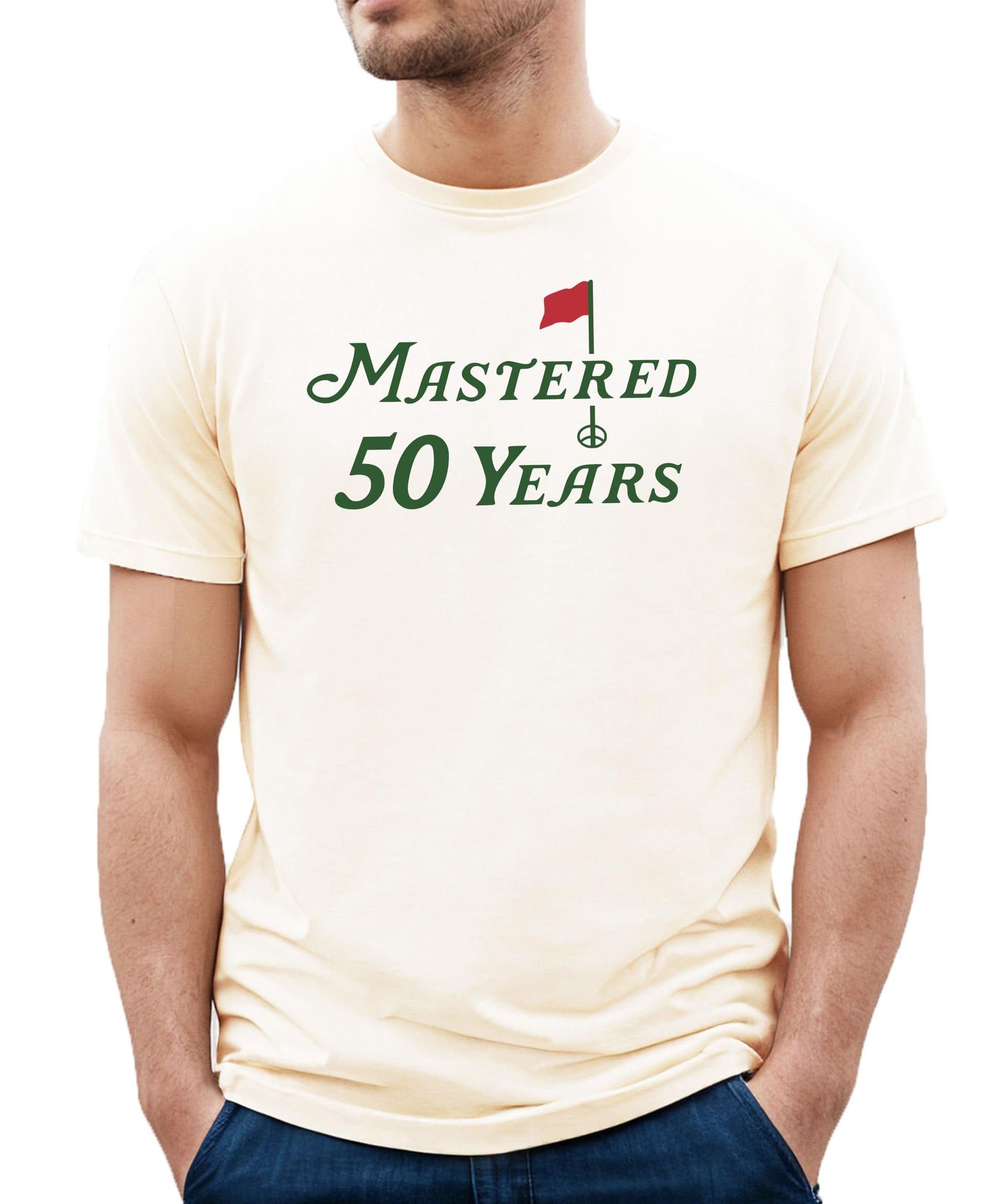 Mastered 50 Years funny golf birthday shirt in vintage green for men and women