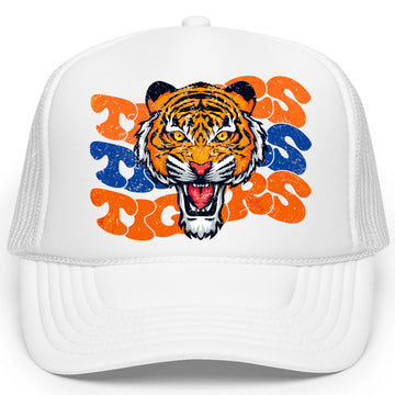 Retro Tiger Mascot Wavy Trucker Hat for Women and Teens Classic 5 Panel Mesh Snapback