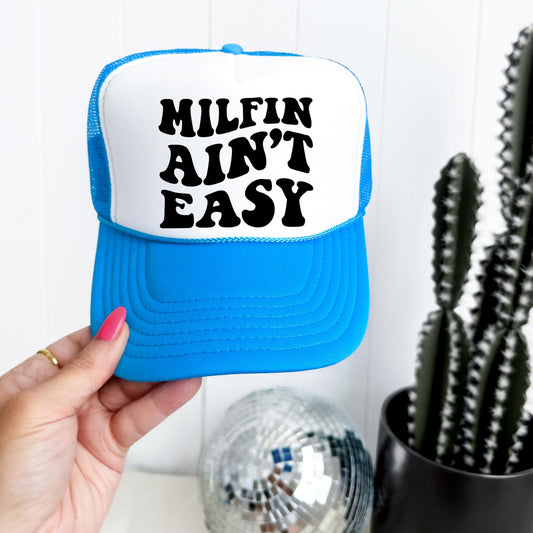 Milfin Ain't Easy Funny Classic 5 Panel Mesh Snap Back Trucker Hat Black Trucker Hat