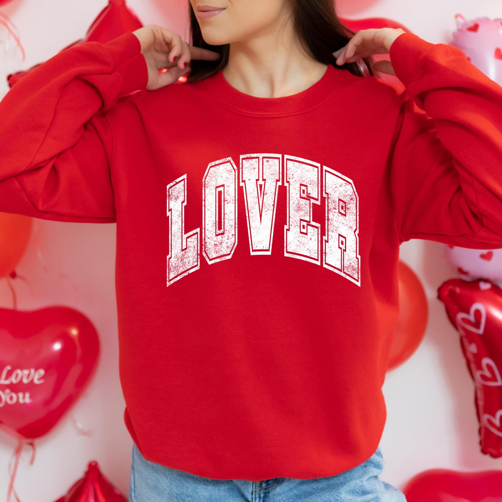 Lover Valentine's Day sweatshirt styled flat lay showing full graphic design