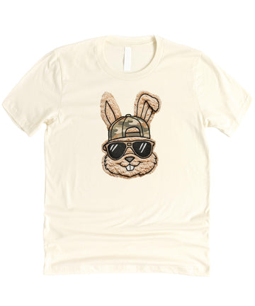 Detail shot of ink printed Easter bunny camo hat design on men's natural graphic tee