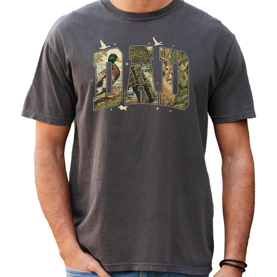 Side or lifestyle view of men's retro hunting graphic tee with camo DAD design