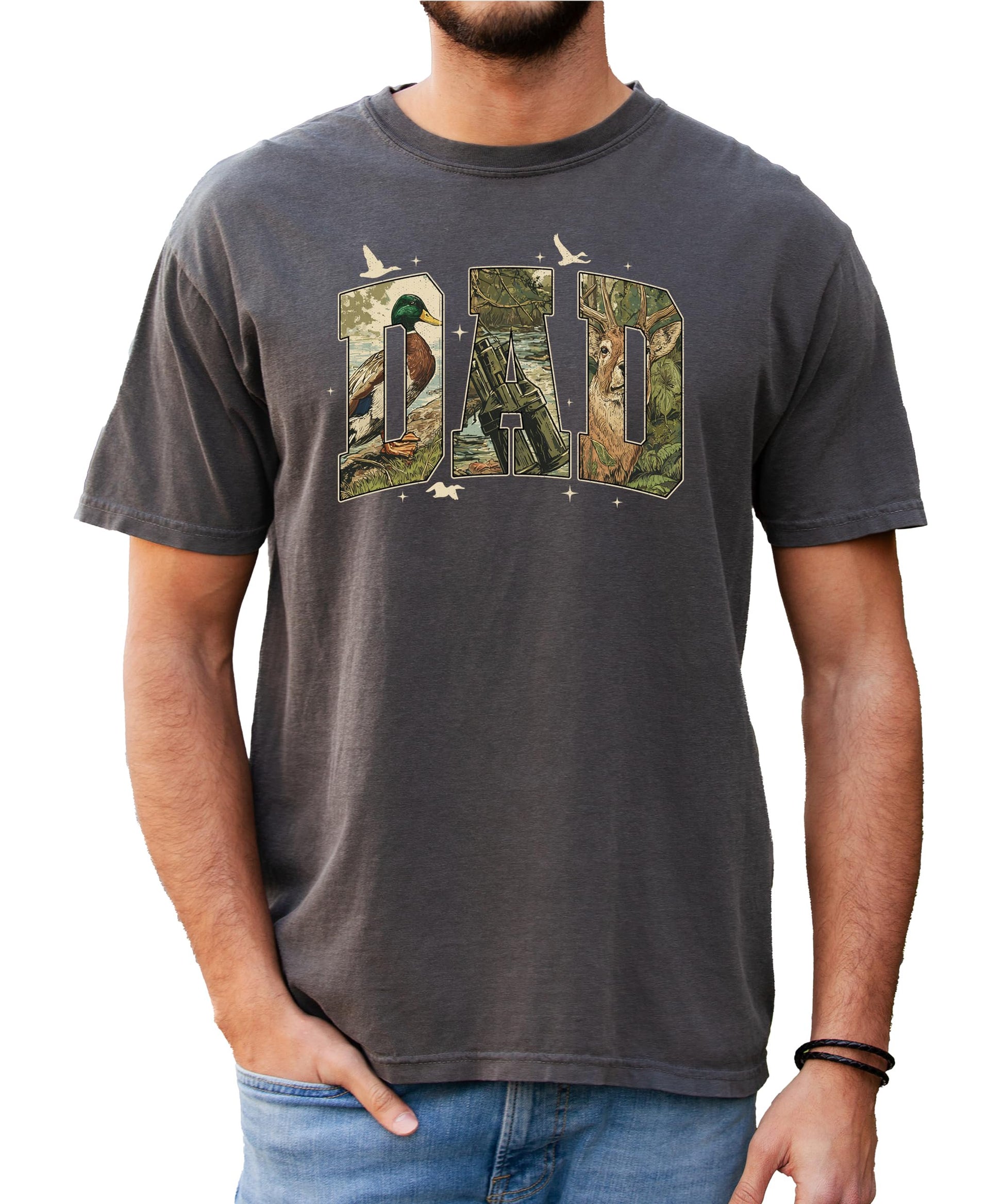 Side or lifestyle view of men's retro hunting graphic tee with camo DAD design