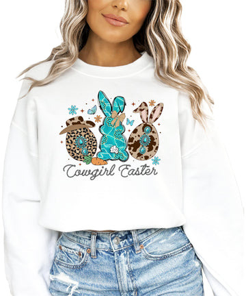 Cowgirl Easter Western Sweatshirt for Women & Youth Girls Cow Print Hat Spring Bunny Pullover White Sweatshirt Youth XS