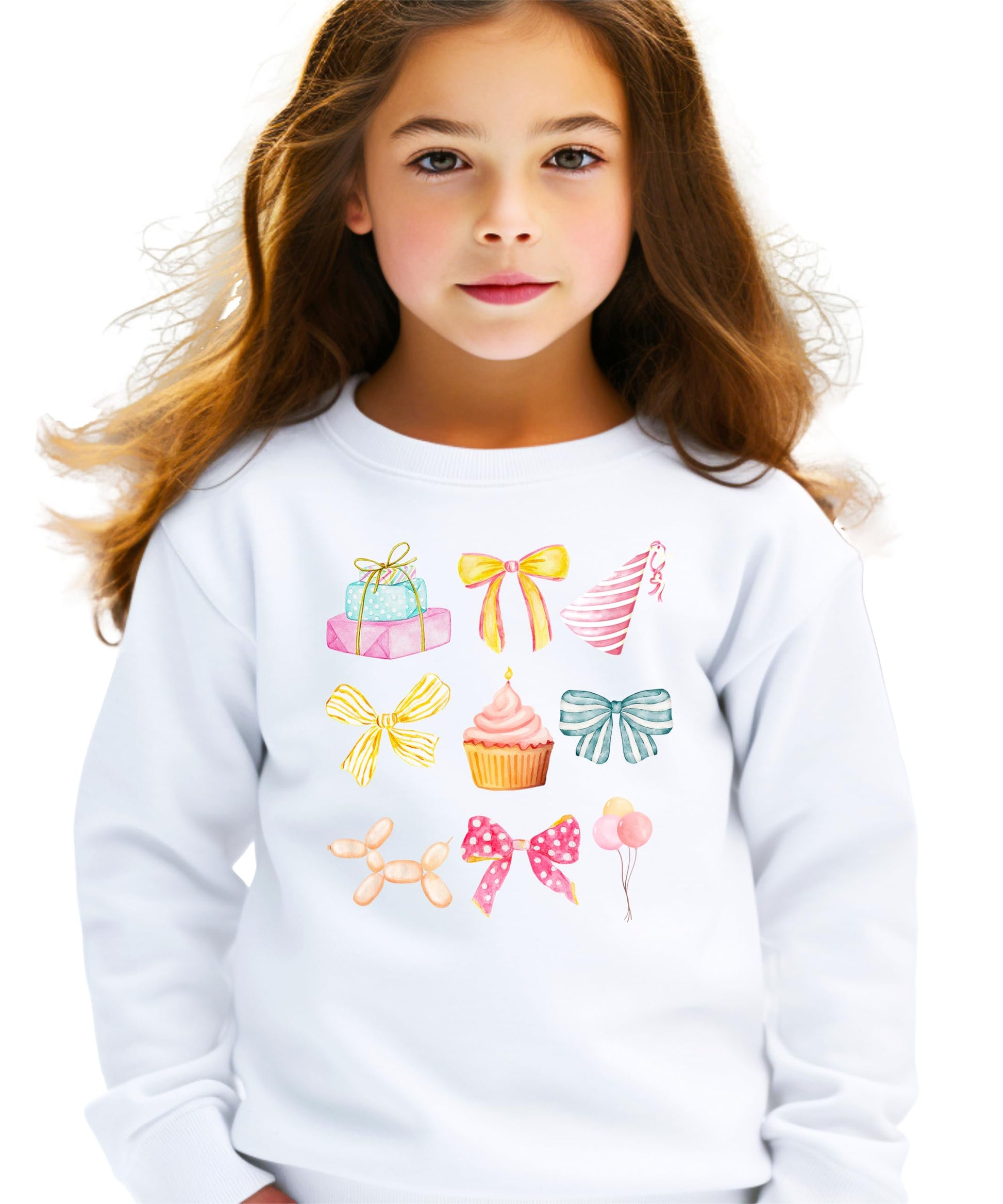 Kids birthday sweatshirt flat lay showing full pastel coquette graphic with presents and party hats