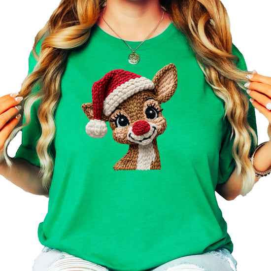 Lifestyle shot of faux yarn reindeer Christmas graphic shirt worn casually