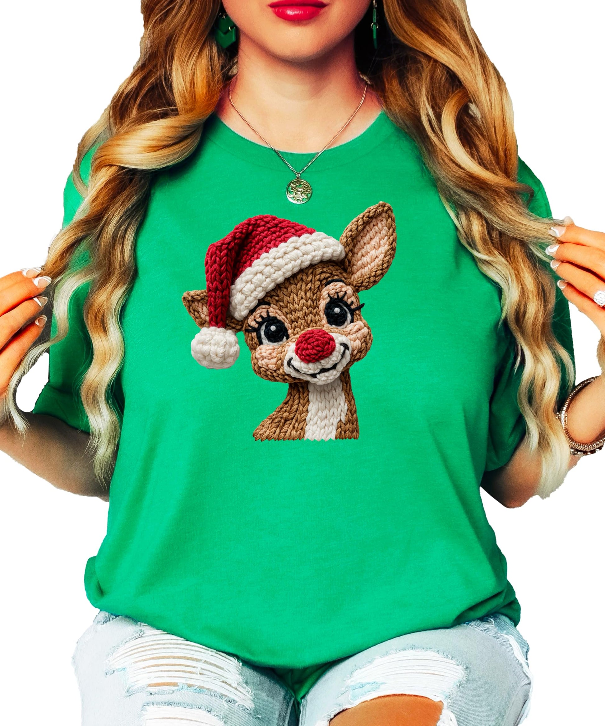 Lifestyle shot of faux yarn reindeer Christmas graphic shirt worn casually