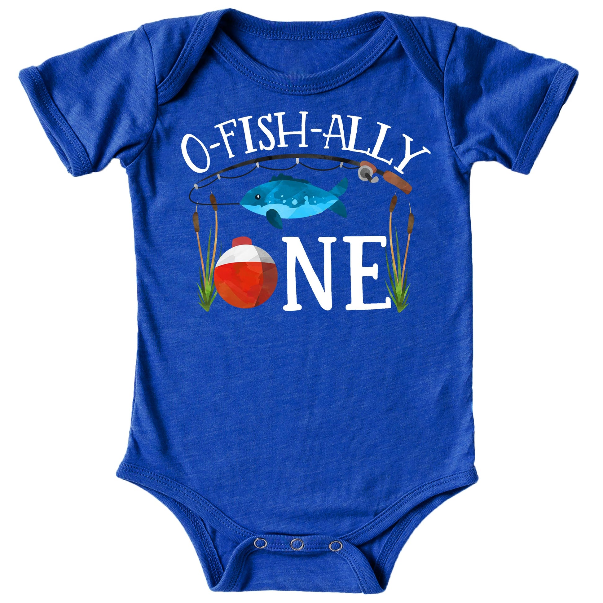 Baby boy wearing fishing themed first birthday bodysuit with O-Fish-Ally ONE text
