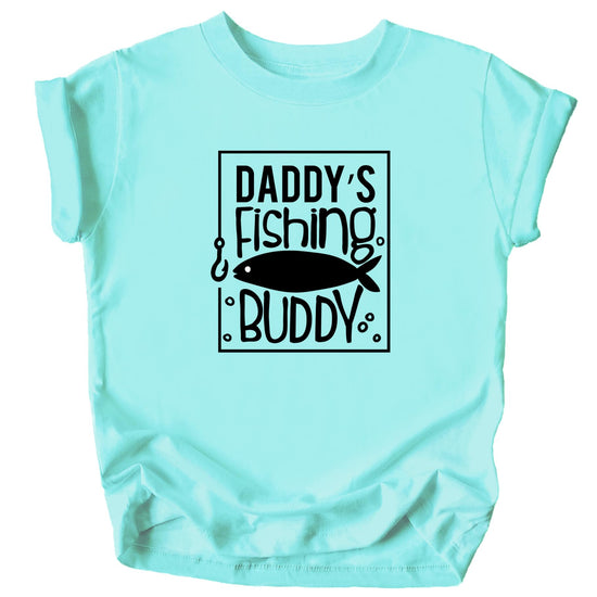 Daddy's Fishing Buddy kids tee displayed showing full front graphic design