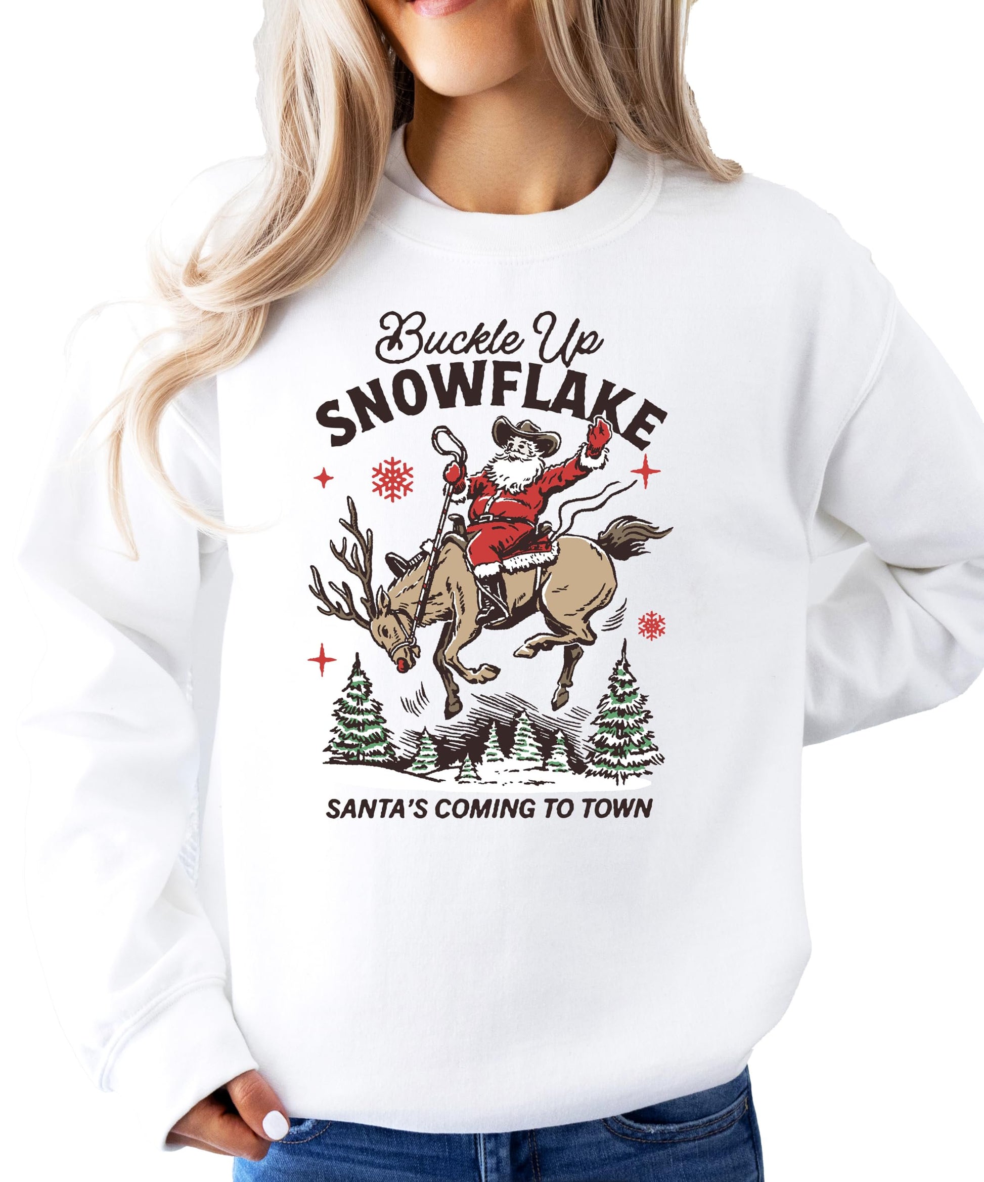 Close-up of Buckle Up Snowflake Cowboy Santa graphic print on gray unisex Christmas sweatshirt