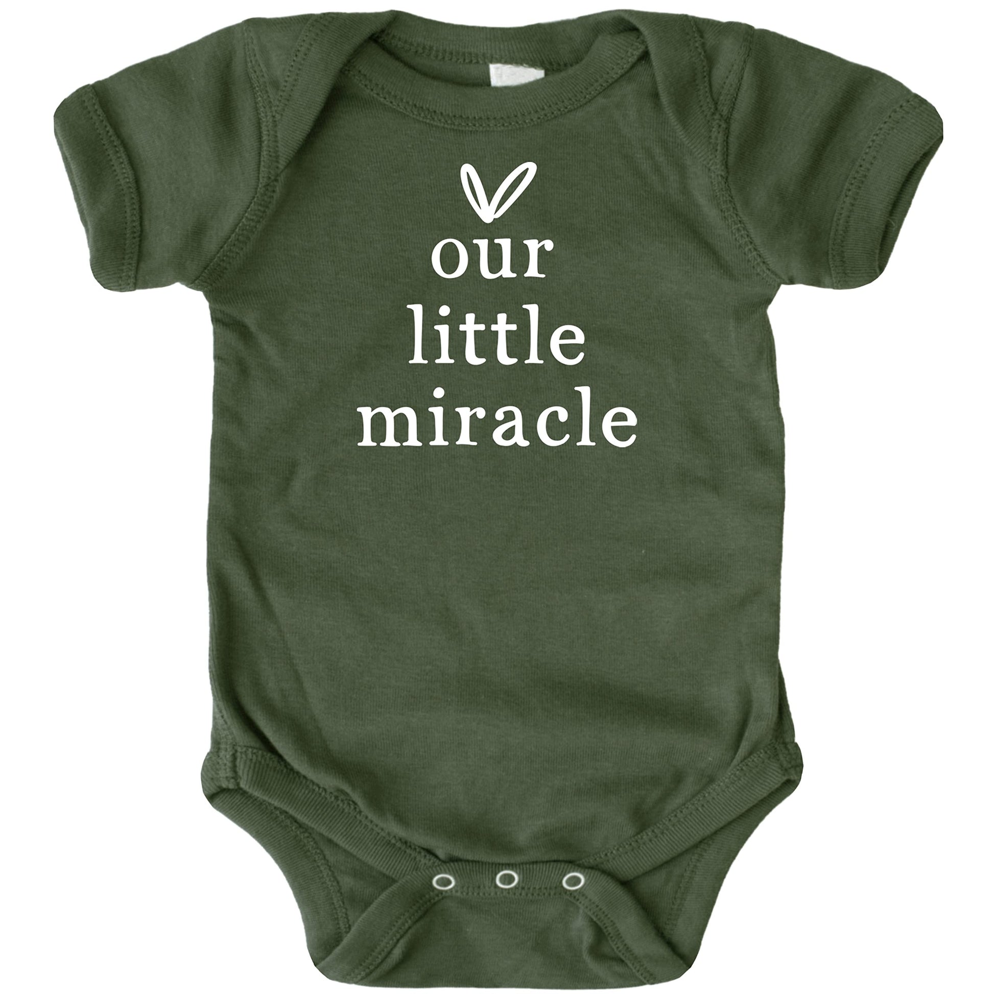 Newborn Our Little Miracle heart bodysuit in military green, perfect take-home outfit