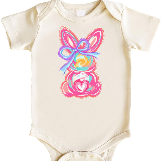 Close-up of watercolor bunny print on infant one-piece bodysuit with soft pastel colors