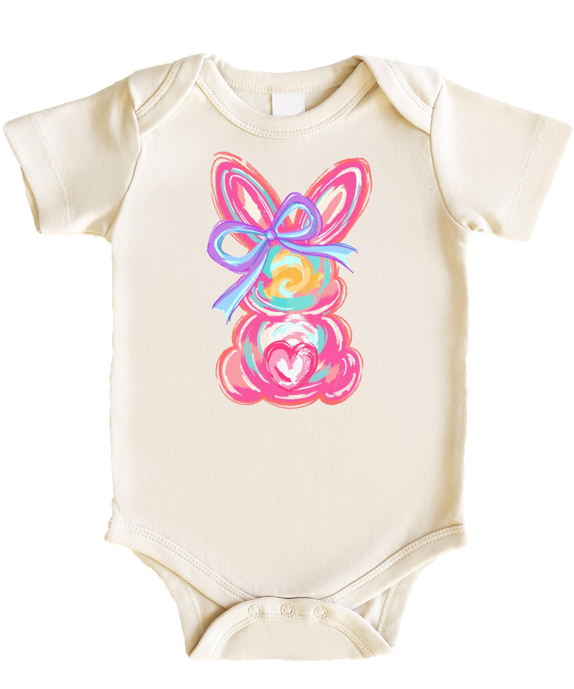Close-up of watercolor bunny print on infant one-piece bodysuit with soft pastel colors
