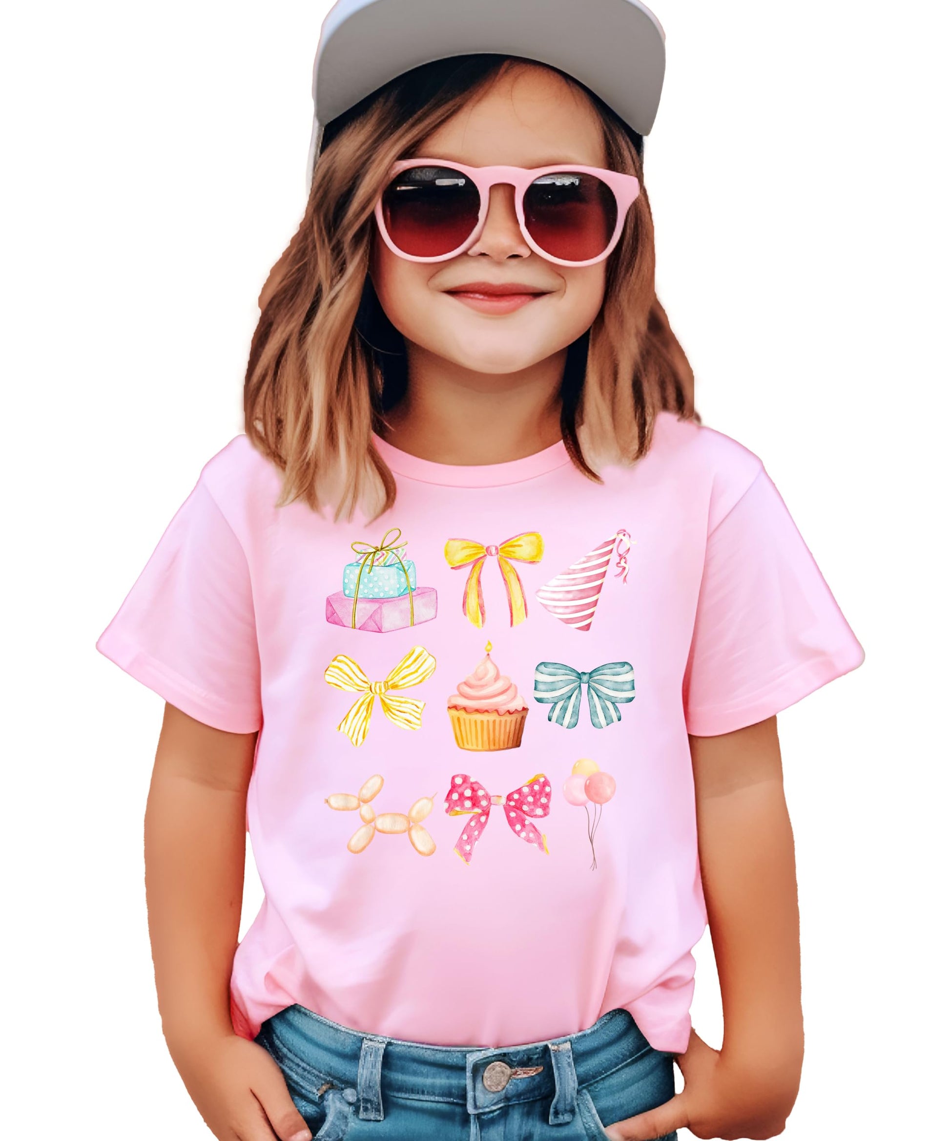 Close-up of coquette birthday shirt print showing soft watercolor cupcakes, party hats, presents, and balloons