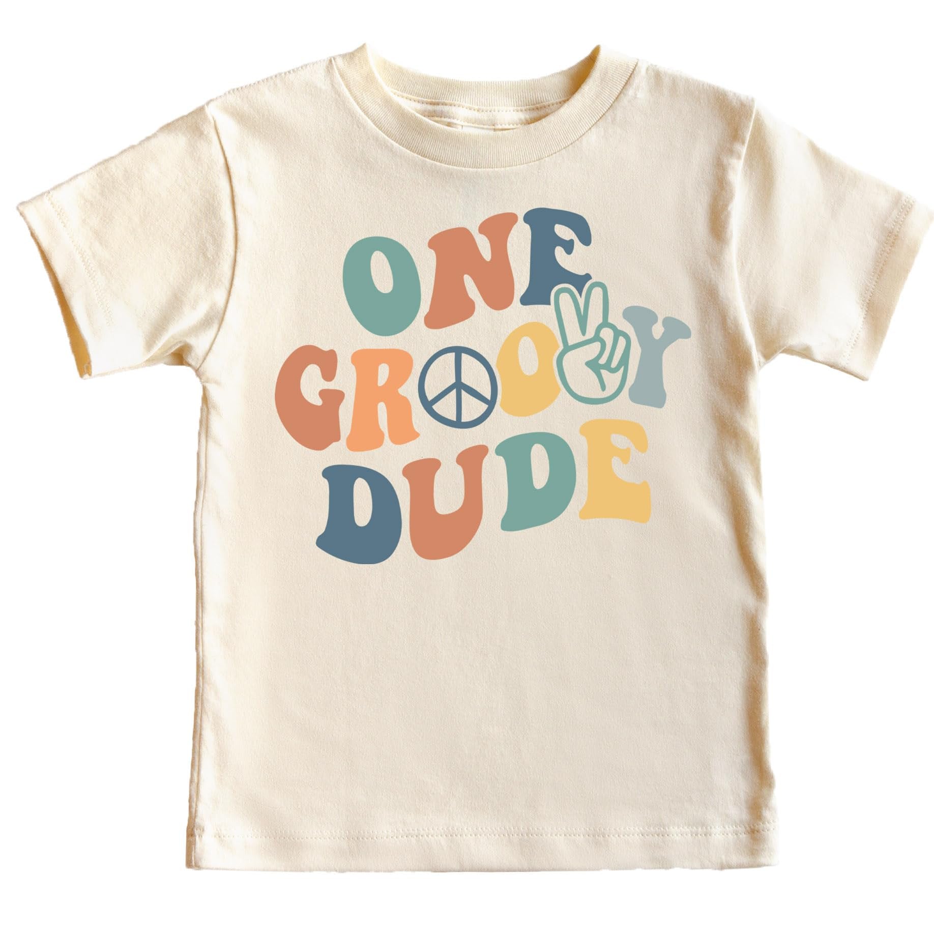 Close-up of groovy one birthday shirt design with peace sign and boho lettering for infant boys