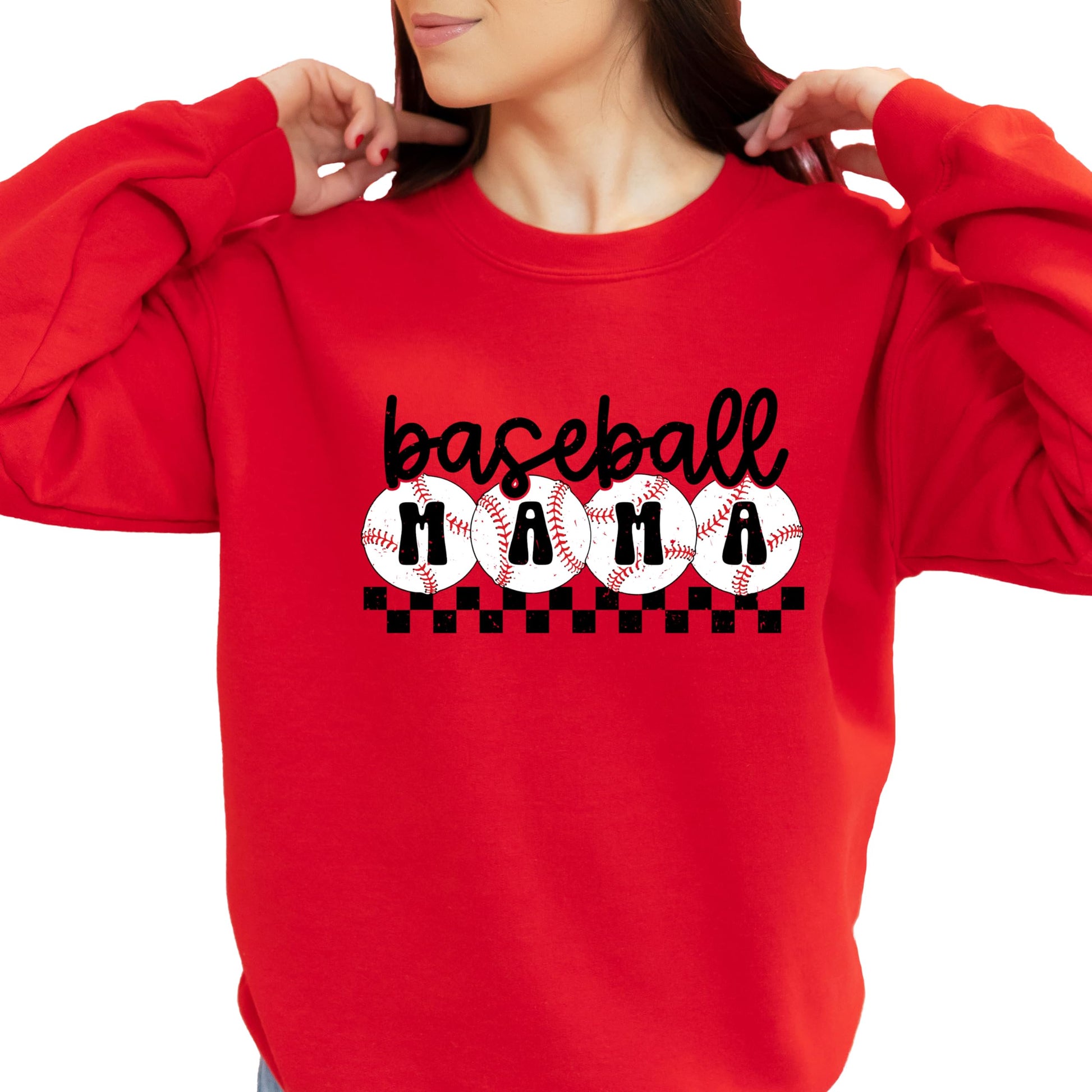 Back view of checkered baseball mom sweatshirt showing full design detail