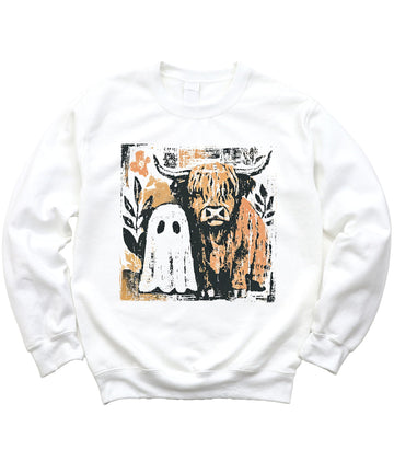 Trendy Fall Highland Cow & Little Ghost Sweatshirt for Women, Kids and Teens