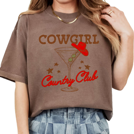 Front view of Cowgirl Country Club western cocktail graphic t-shirt for women