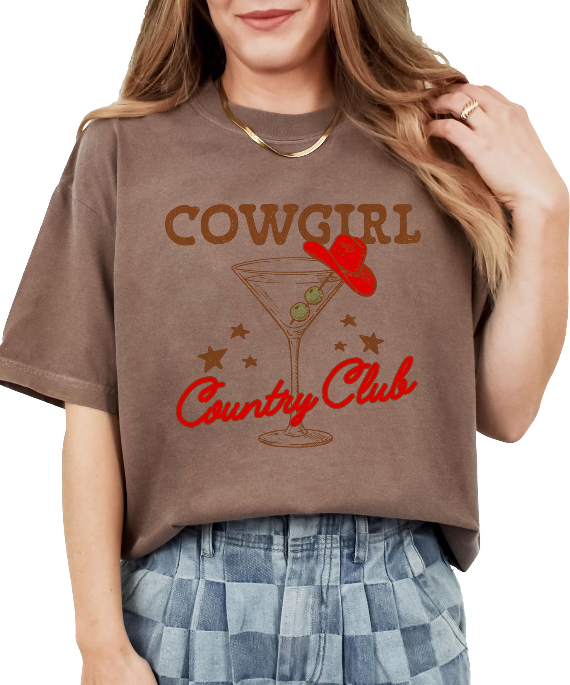 Front view of Cowgirl Country Club western cocktail graphic t-shirt for women