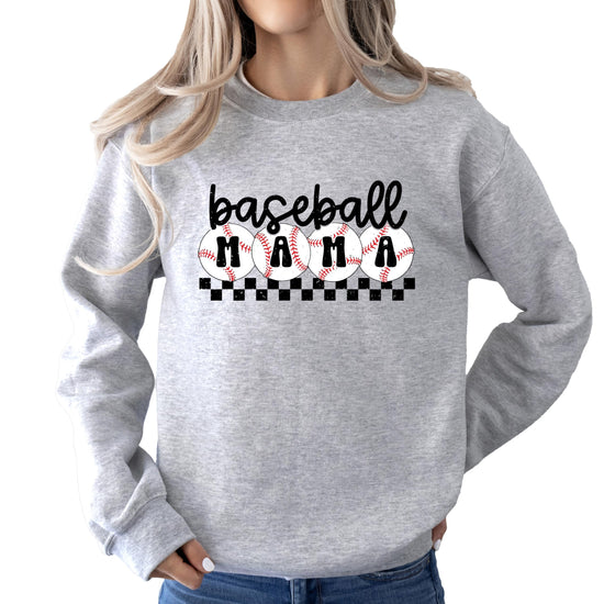 Women's checkered baseball mom sweatshirt with bold graphic print, front view