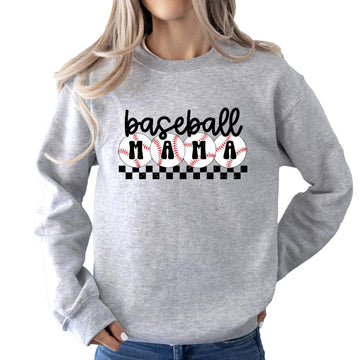 Women's checkered baseball mom sweatshirt with bold graphic print, front view