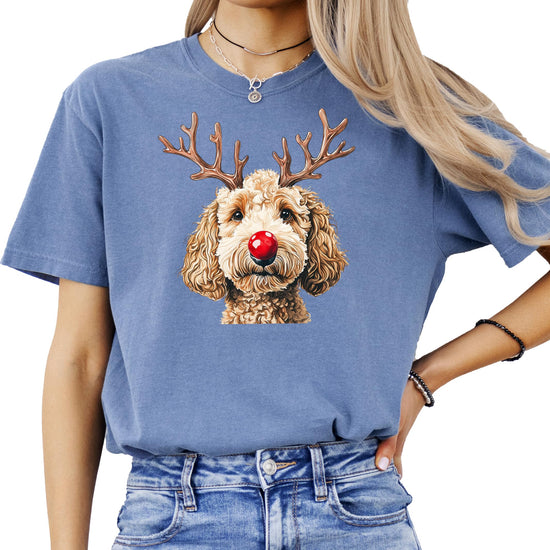 Close-up of Goldendoodle reindeer print on Christmas unisex shirt from Olive Loves Apple