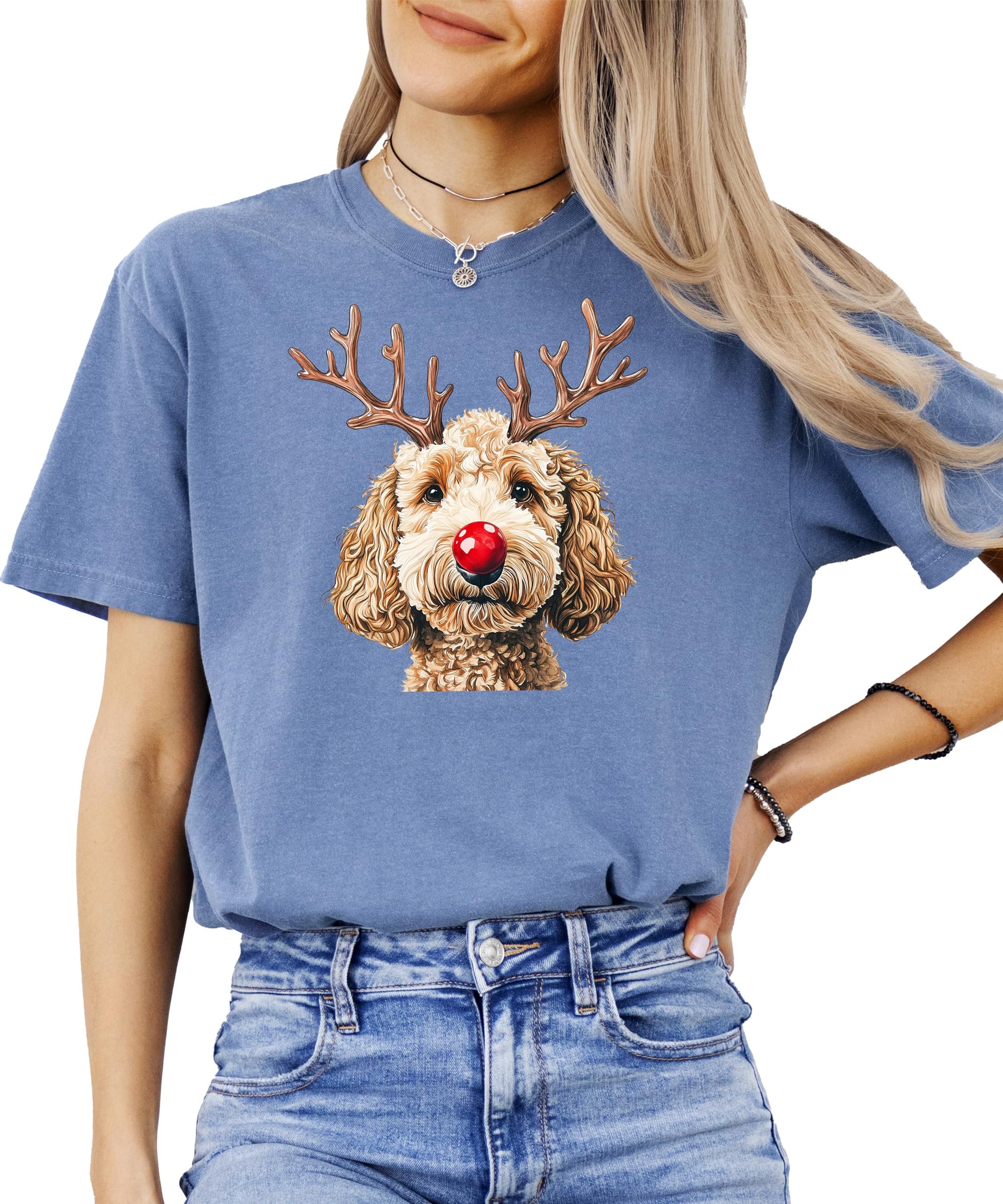 Close-up of Goldendoodle reindeer print on Christmas unisex shirt from Olive Loves Apple
