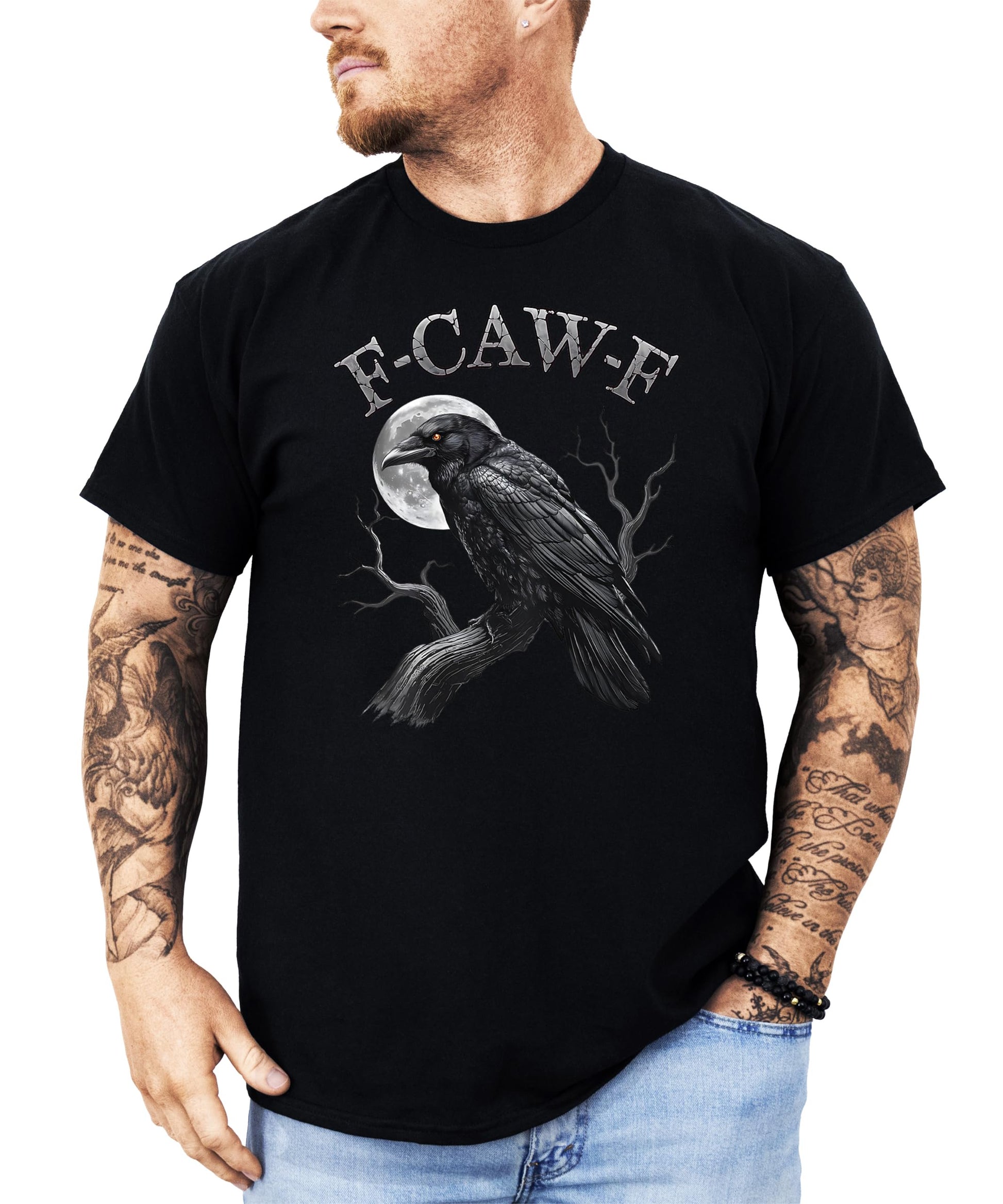 Close-up of funny dark humor crow shirt graphic with moon illustration