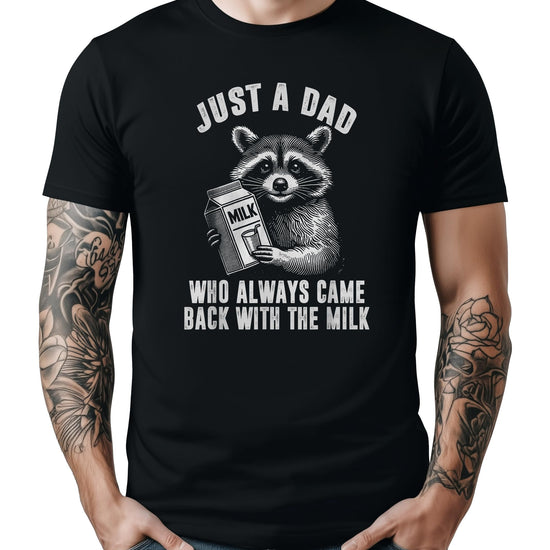 Back or detail view of funny dad raccoon milk shirt by Olive Loves Apple