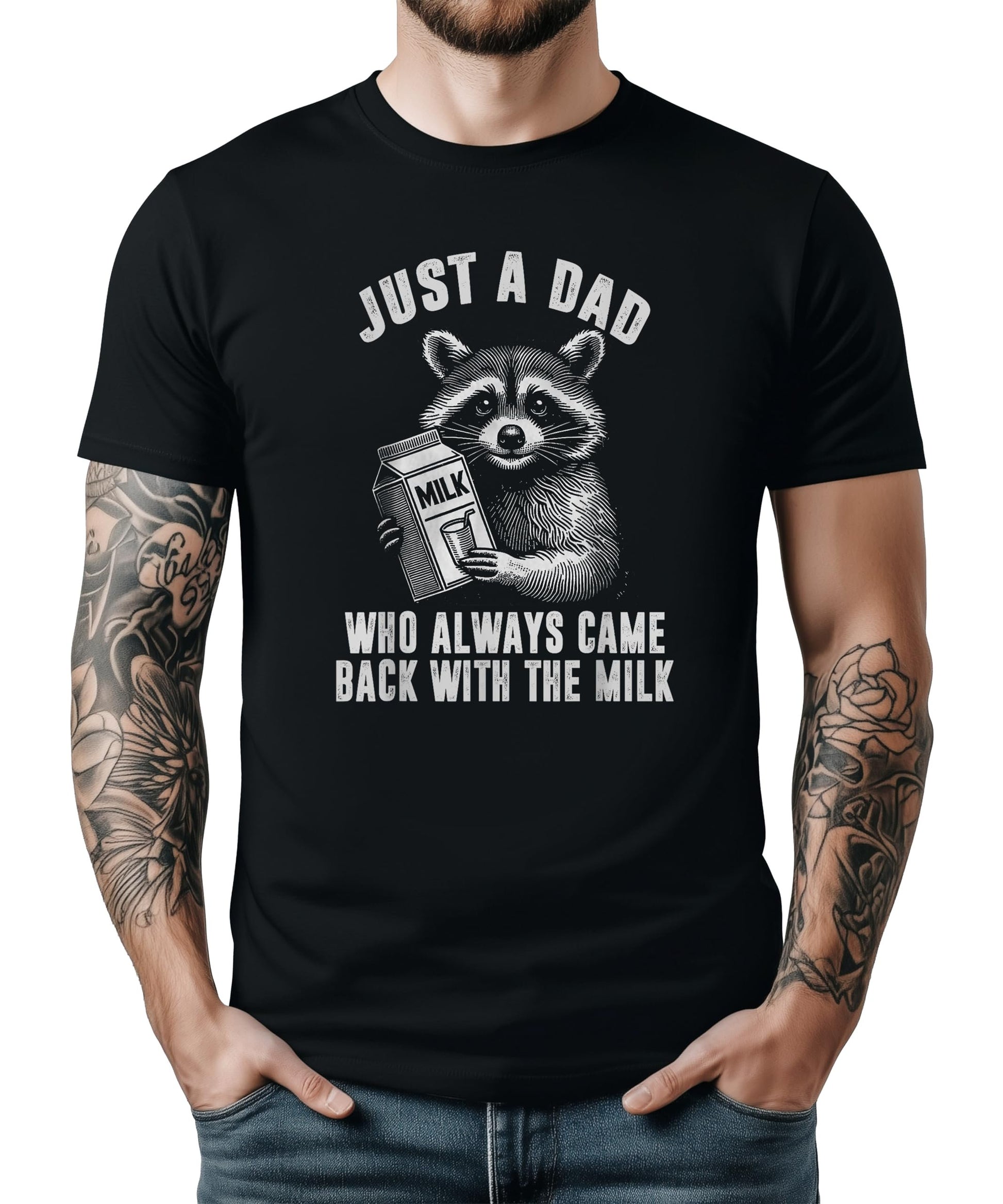 Back or detail view of funny dad raccoon milk shirt by Olive Loves Apple