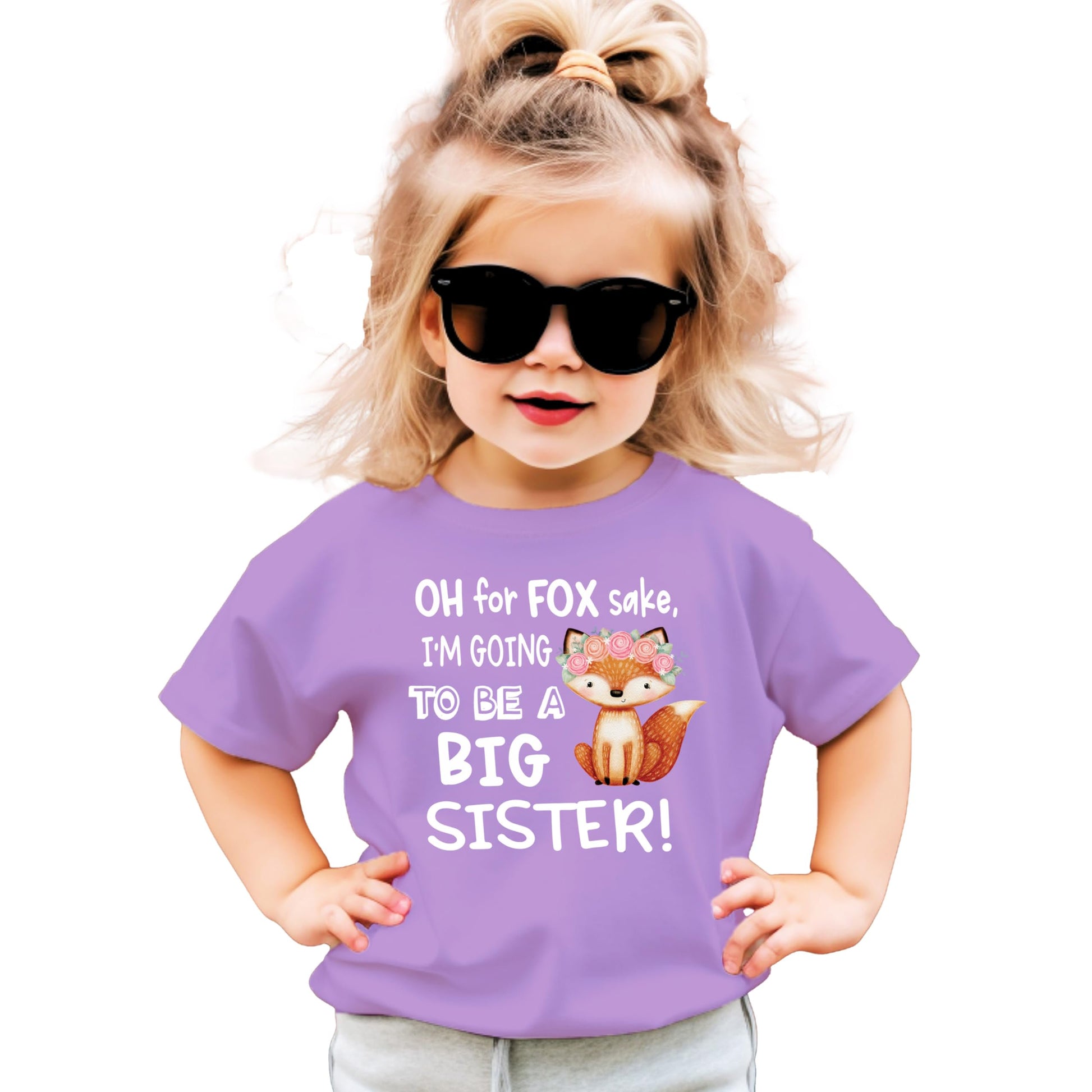 Oh For Fox Sake big sister shirt displayed flat on mauve youth tee with white fox design