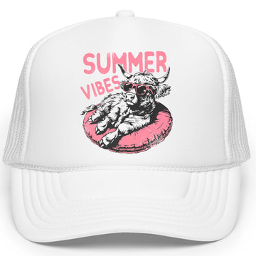 Summer Vibes Floating Highland Cow Classic 5 Panel Mesh Foam Front Trucker Hat Snap Back