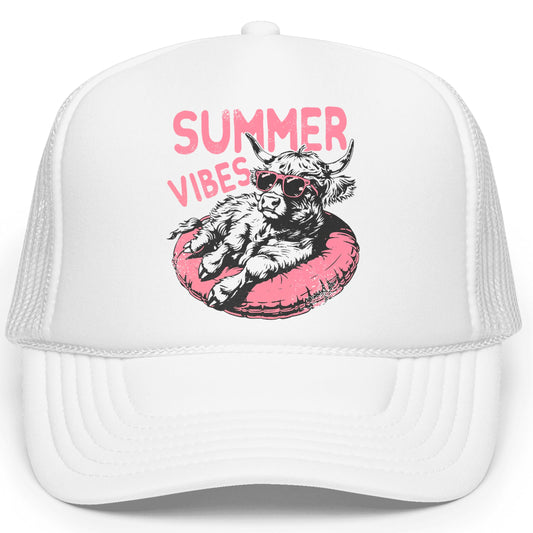Summer Vibes Floating Highland Cow Classic 5 Panel Mesh Foam Front Trucker Hat Snap Back