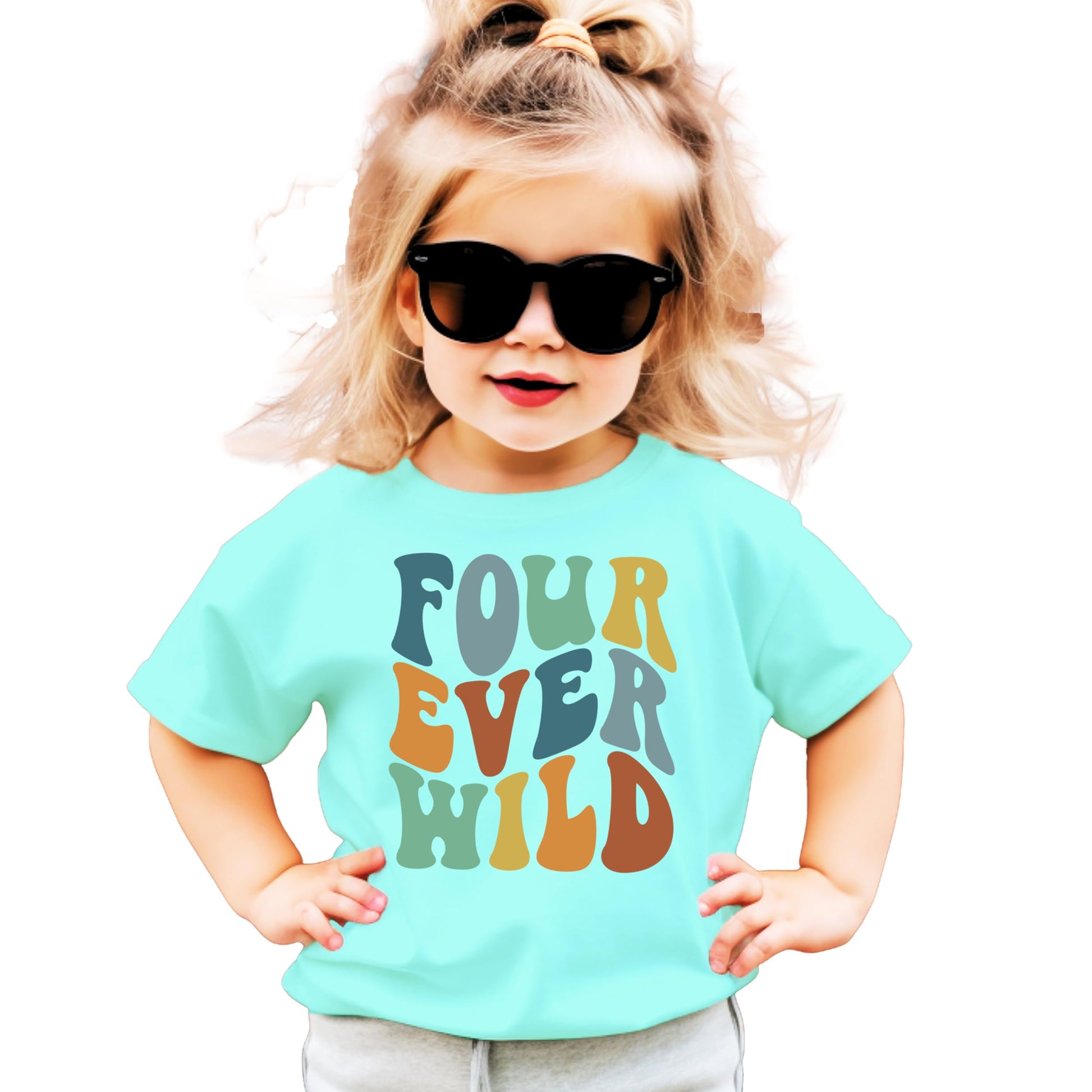 Close-up of groovy Four Ever Wild birthday graphic print on toddler tee