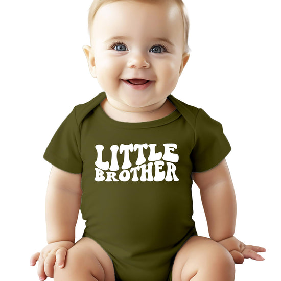 Close-up of Little Brother wavy graphic print on granite heather baby bodysuit