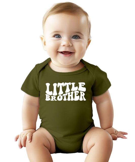 Close-up of Little Brother wavy graphic print on granite heather baby bodysuit