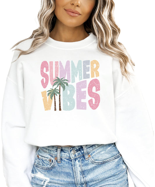 Woman wearing white Summer Vibes palm tree sweatshirt casual style