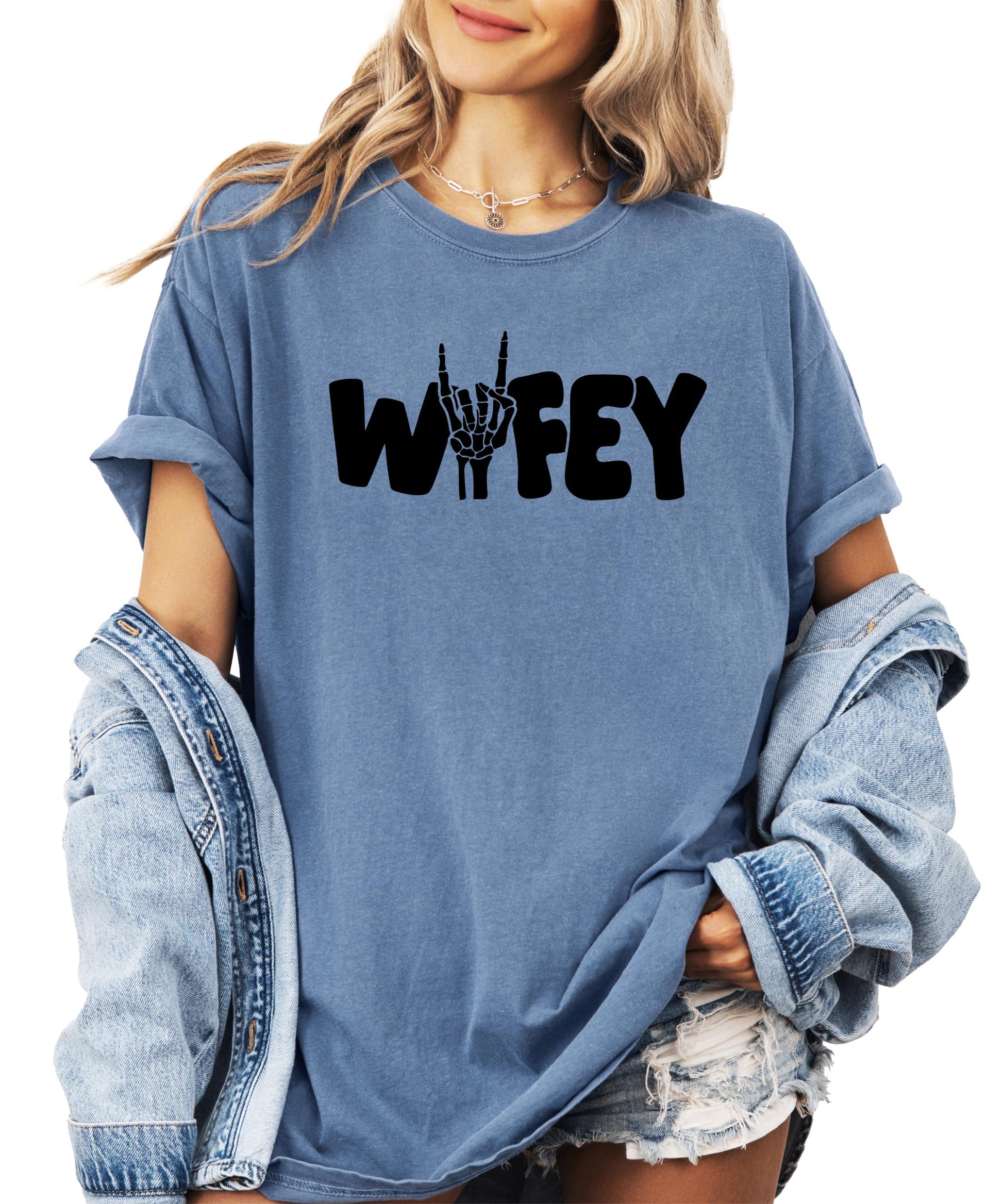 Back view of Wifey skeleton Halloween graphic tee for women