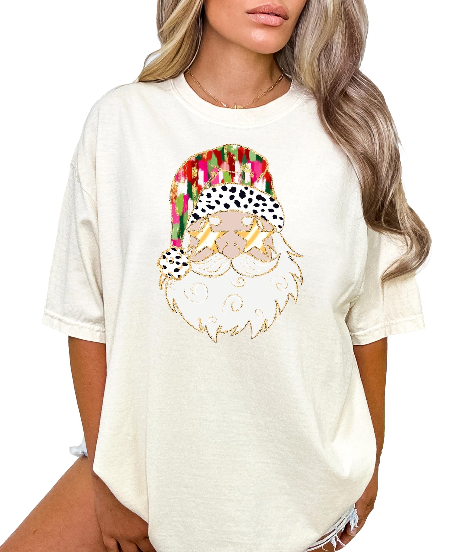 Side view of women's casual fit ivory holiday tee with humorous gold sunglasses Santa graphic