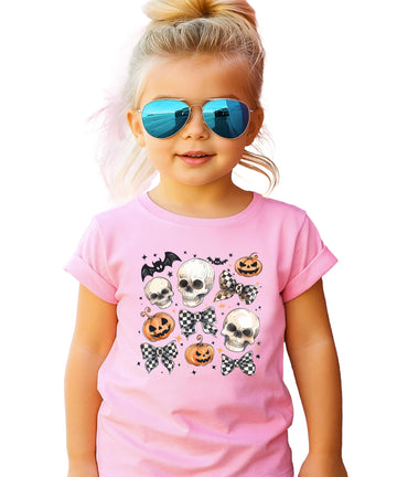 Halloween Skull Pumpkin with Checkered Bow Shirt for Women, Teens & Girls Spooky Season Tee