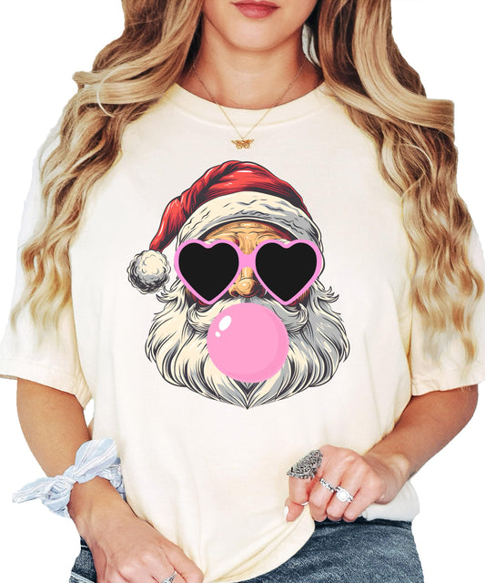 Close-up of cool Santa blowing pink bubble gum graphic with heart-shaped sunglasses print